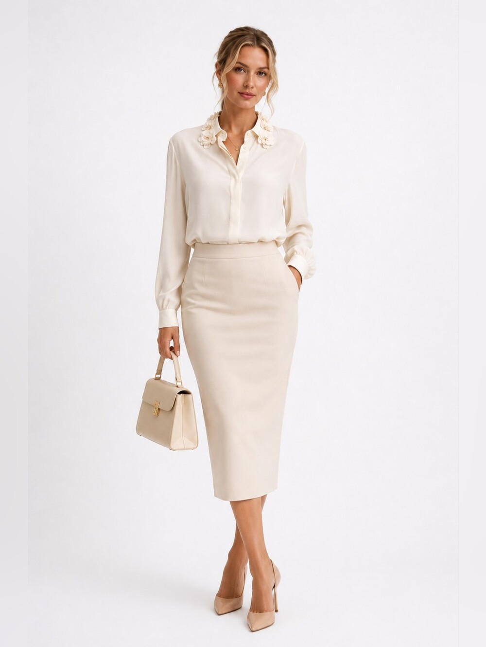 New MaxMara Cream Silk Button-Up Blouse w/ 3D Floral Collar - Picture 2 of 12